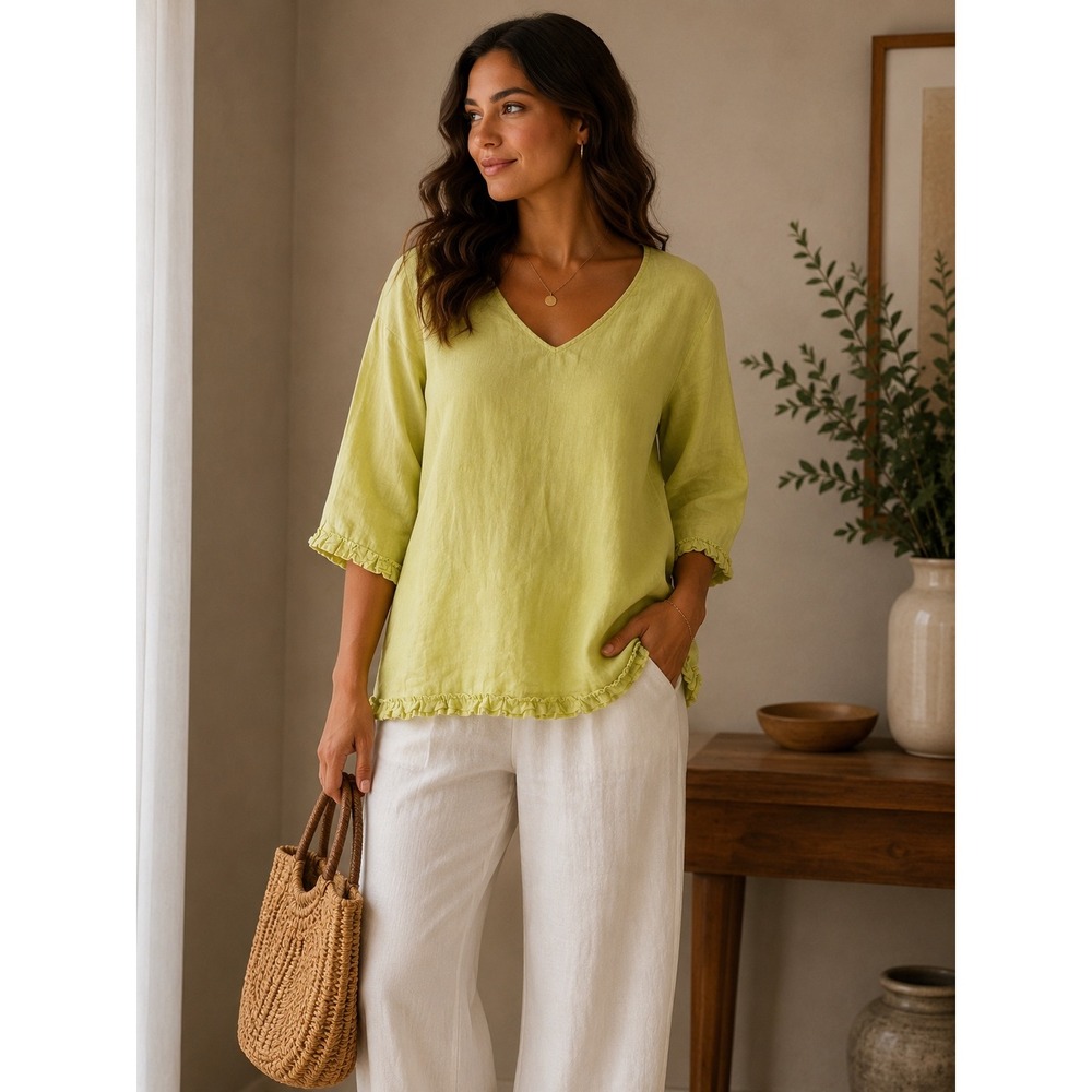 Match Point USA 100% Linen Womens XL Lime Green  Ruffle Trim V-Neck Tunic